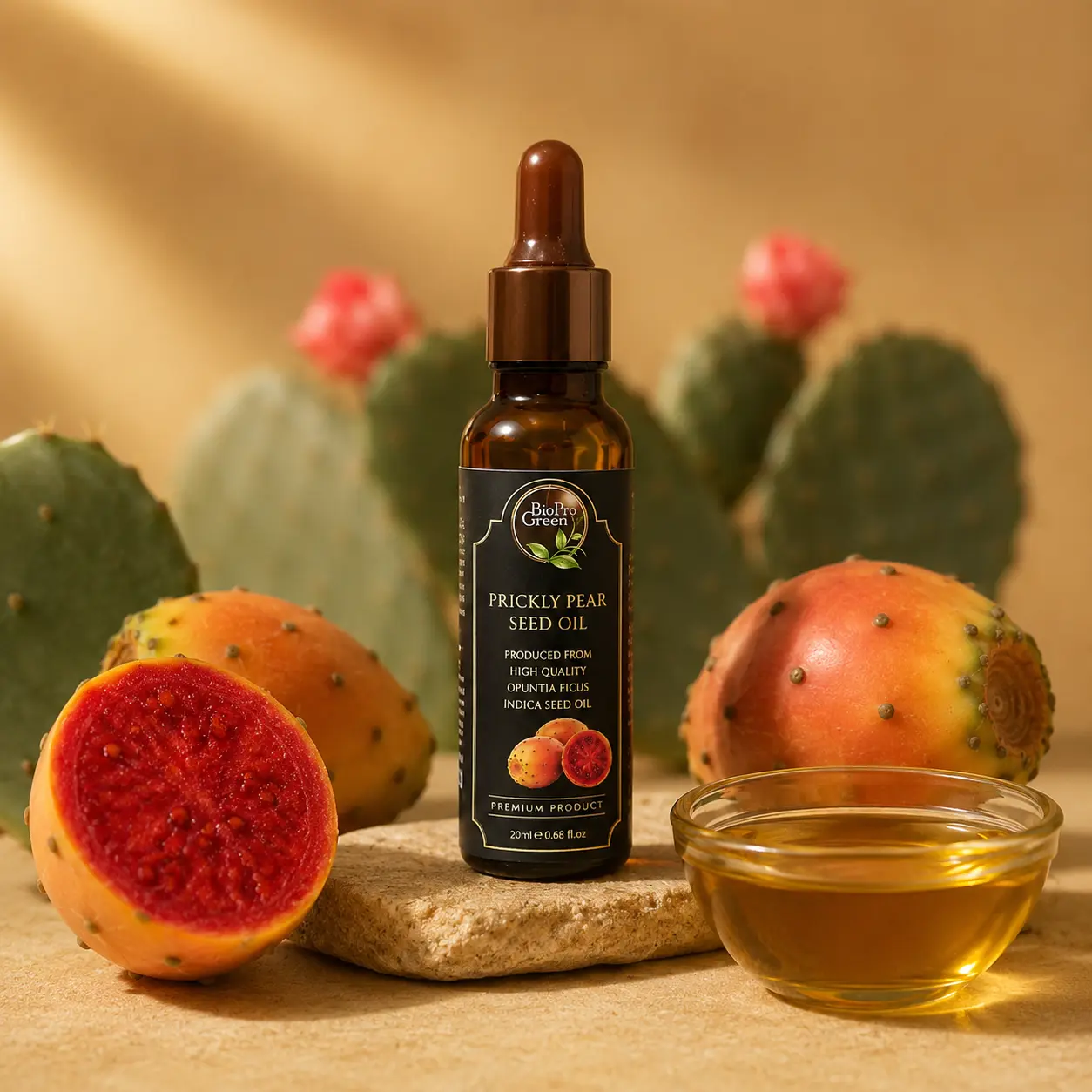 Bottle of prickly pear seed oil arranged with prickly pear fruit
