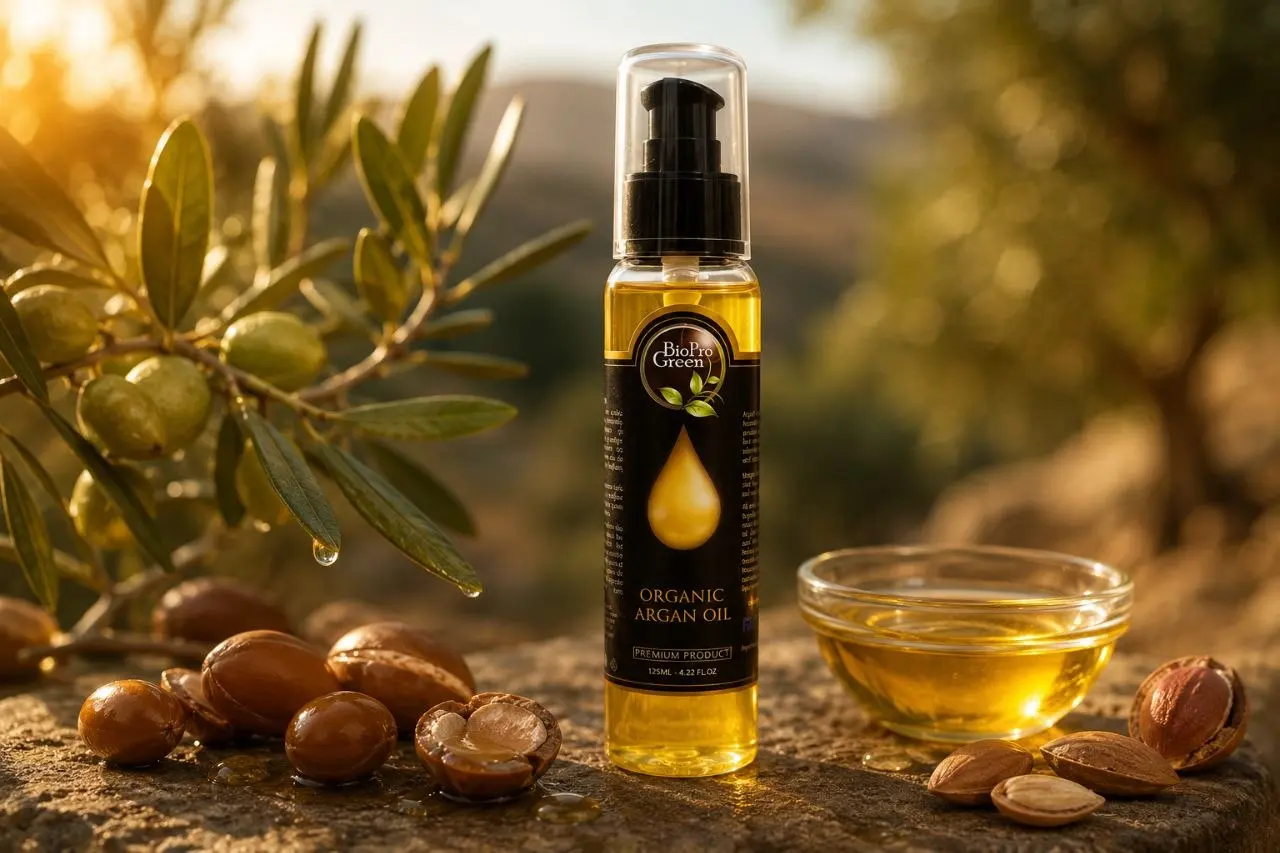 Bottle of organic argan oil beside argan kernels and a bowl of golden oil